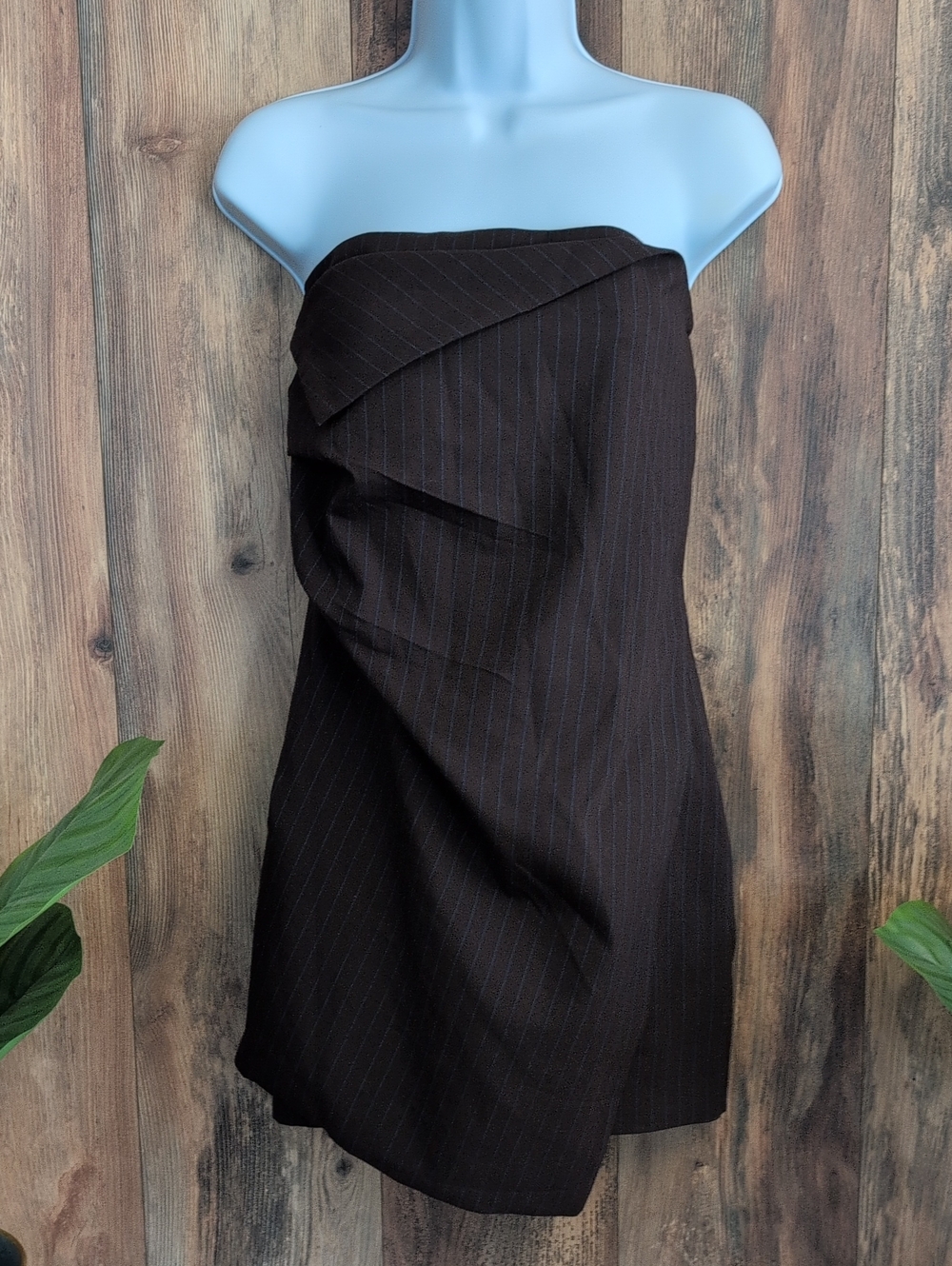 Zara Strapless Dark Brown Pinstripe Mini Dress S 856A